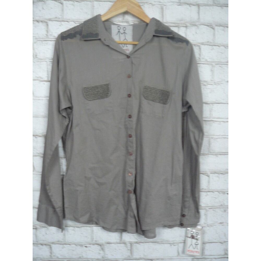 $200 Pete & Greta by Johnny Was Grey Beaded Button Down Blouse Medium NEW